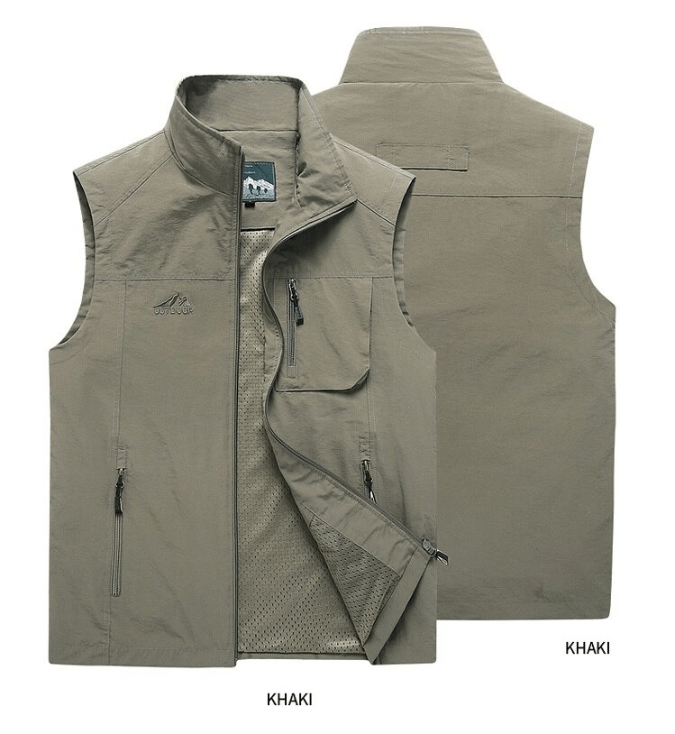 Men's casual khaki vest with stand collar and zipper, featuring two pockets, made of polyester for comfortable travel and casual wear.